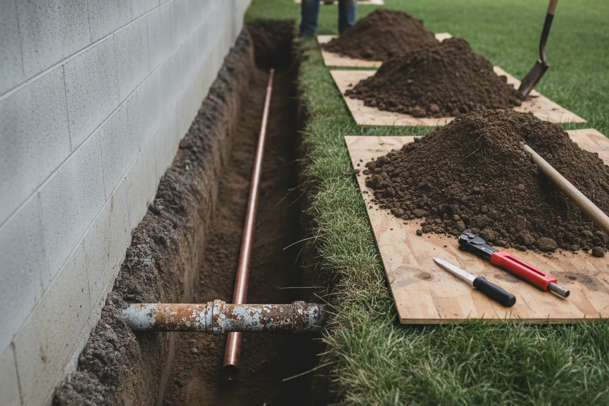 Excavated water line trench during Sewer Line Repair in Fayetteville